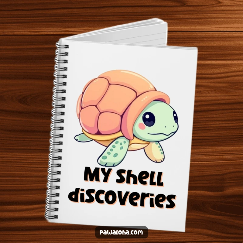 Funny sea turtle character examining a seashell on a notebook cover, inspiring curiosity and creative writing.