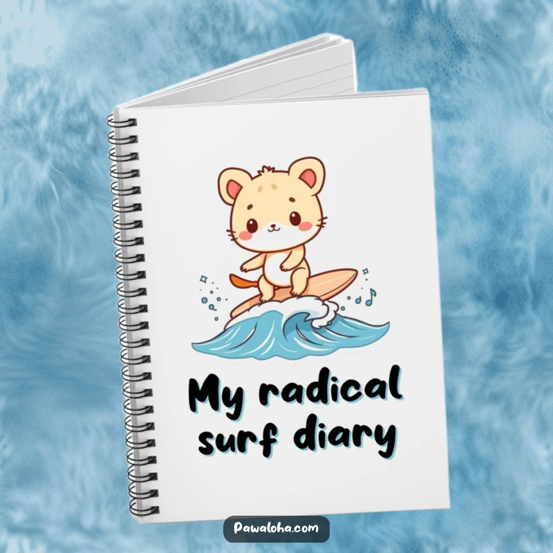 Funny animal character surfing a small wave on a tiny surfboard on a notebook. Encourages adventurous note-taking.
