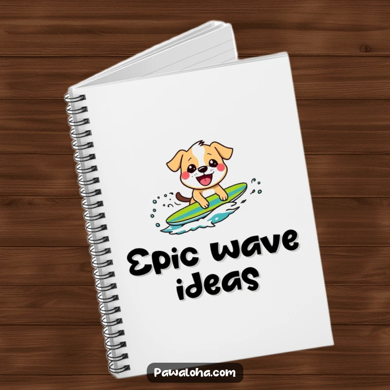 Funny notebook with a grinning dog character riding a wave, inspiring surf sessions and creative writing.