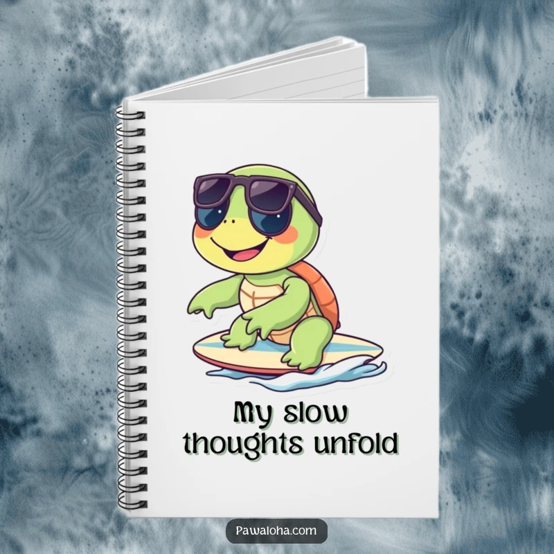 Funny smiling turtle with sunglasses, riding a surfboard on a notebook cover, inspiring cool thoughts.