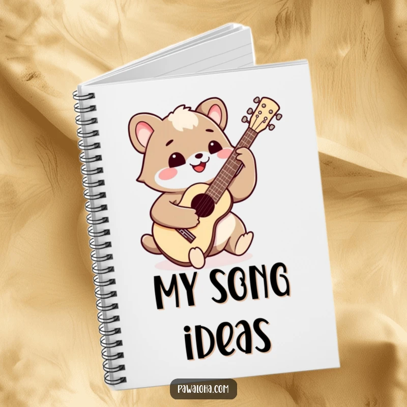 Funny happy animal playing a ukulele with a wide smile on a notebook. Encourages musical creativity and note-taking.