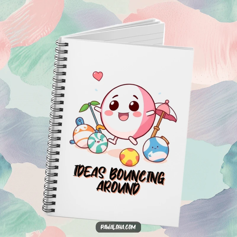 Funny beach ball notebook with a playful character bouncing with beach toys, ideal for summer journaling and notes.
