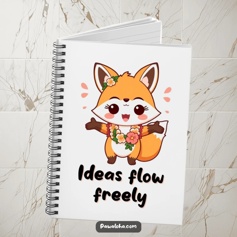 Funny fox character wearing a lei, greeting with open arms, featured on this humorous and welcoming notebook cover.