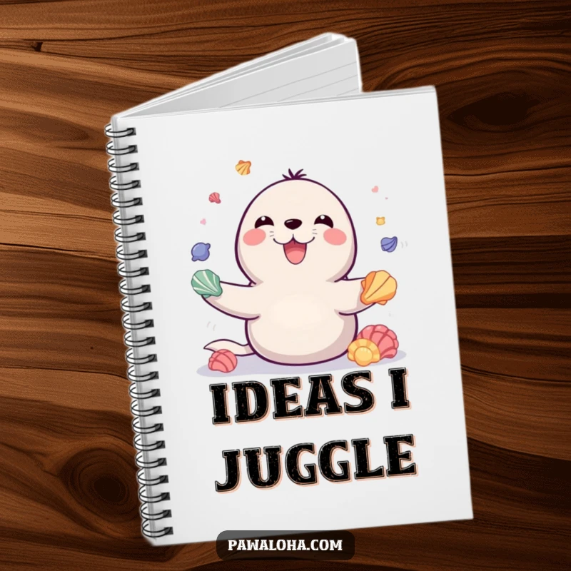 Funny notebook page showing a playful seal with a beaming smile, juggling colorful seashells, perfect for jotting down creative thoughts.