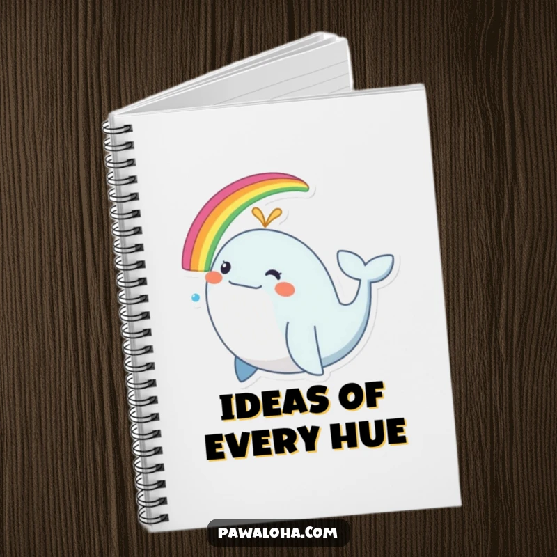Funny whale notebook, a journal with a happy whale spouting a rainbow, for writing and drawing.