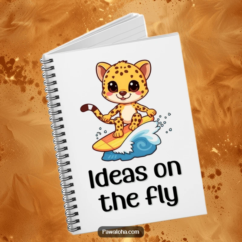 Funny notebook with a cheetah character surfing on a colorful wave, ideal for capturing thoughts and to-dos.