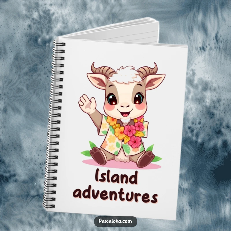 Funny notebook cover with a cheering goat in an Aloha shirt and lei, perfect for journaling.