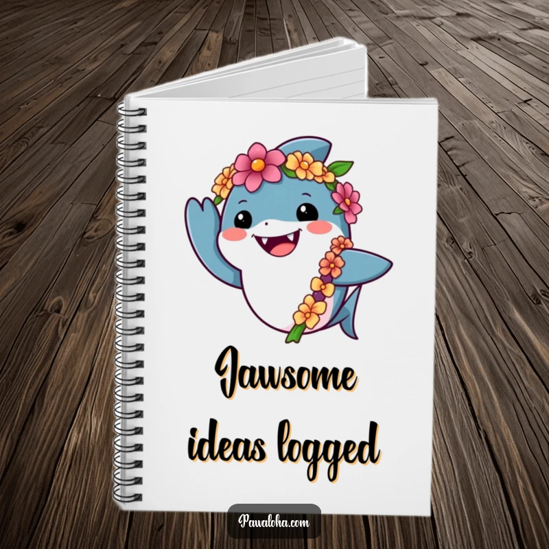 Funny shark notebook featuring a friendly shark wearing a lei and giving a cheerful wave, ideal for jotting down ocean thoughts and ideas.
