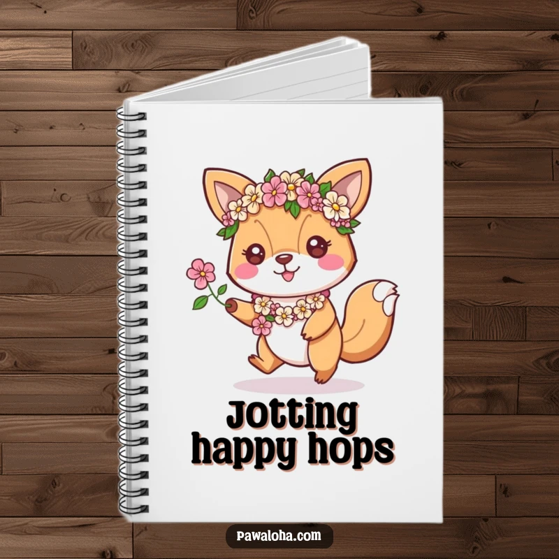 Funny Notebook: An animal character with floral leis hops enthusiastically, ideal for writing down funny thoughts.