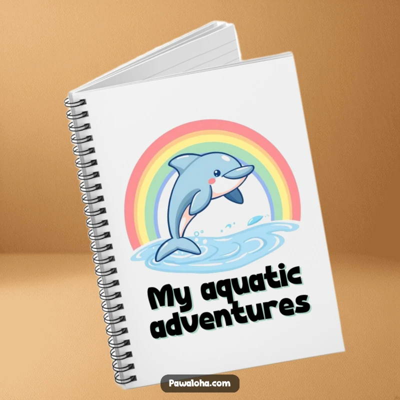 Funny Dolphin Notebook featuring a friendly dolphin leaping from water with a vibrant rainbow, perfect for writing notes.