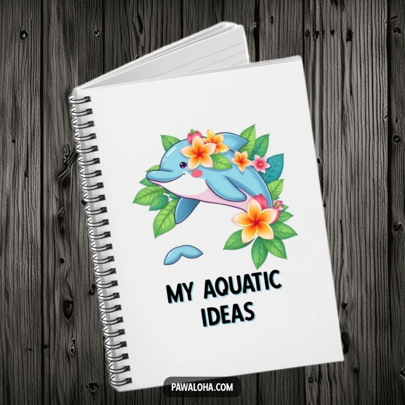 Playful dolphin character decorated with vibrant tropical flowers, featured on a fun notebook cover.