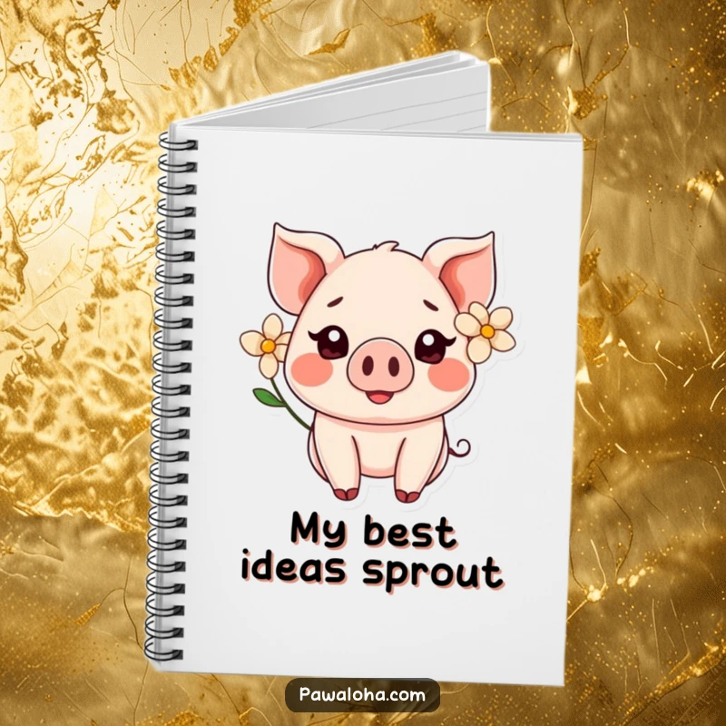 Funny Kawaii pig wearing a flower behind its ear, smiling on a notebook, perfect for writing and planning.