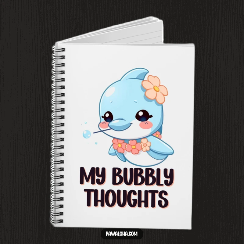Funny dolphin notebook with a tiny lei, blowing bubbly iridescent sparkles, a curious marine animal, perfect for notes.