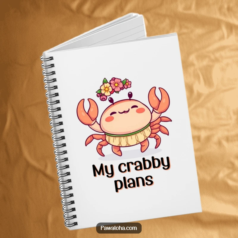 Funny Kawaii Crab Notebook: Cute crab doing a joyful hula dance with its claws, a funny journal for energetic note-taking.