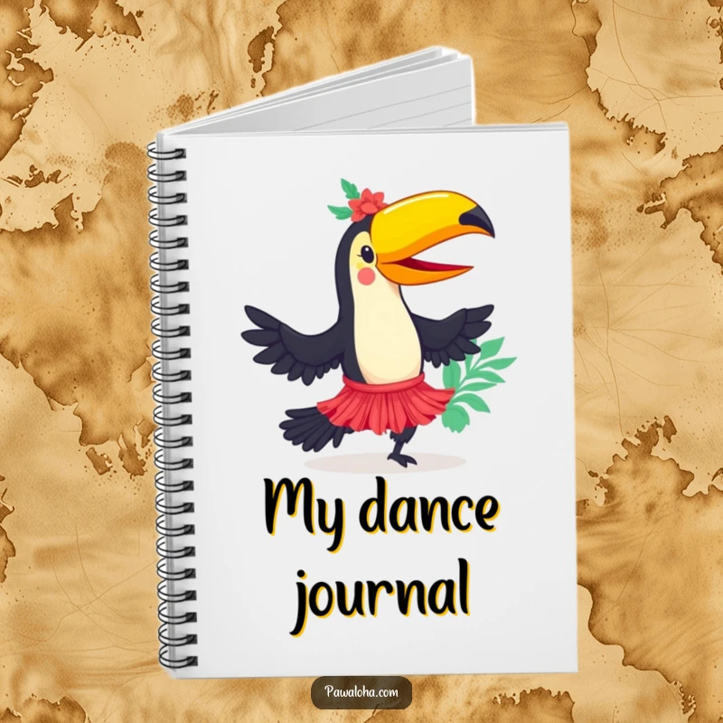Funny toucan character in a hula skirt dancing joyfully on a notebook cover, inspiring tropical creativity.