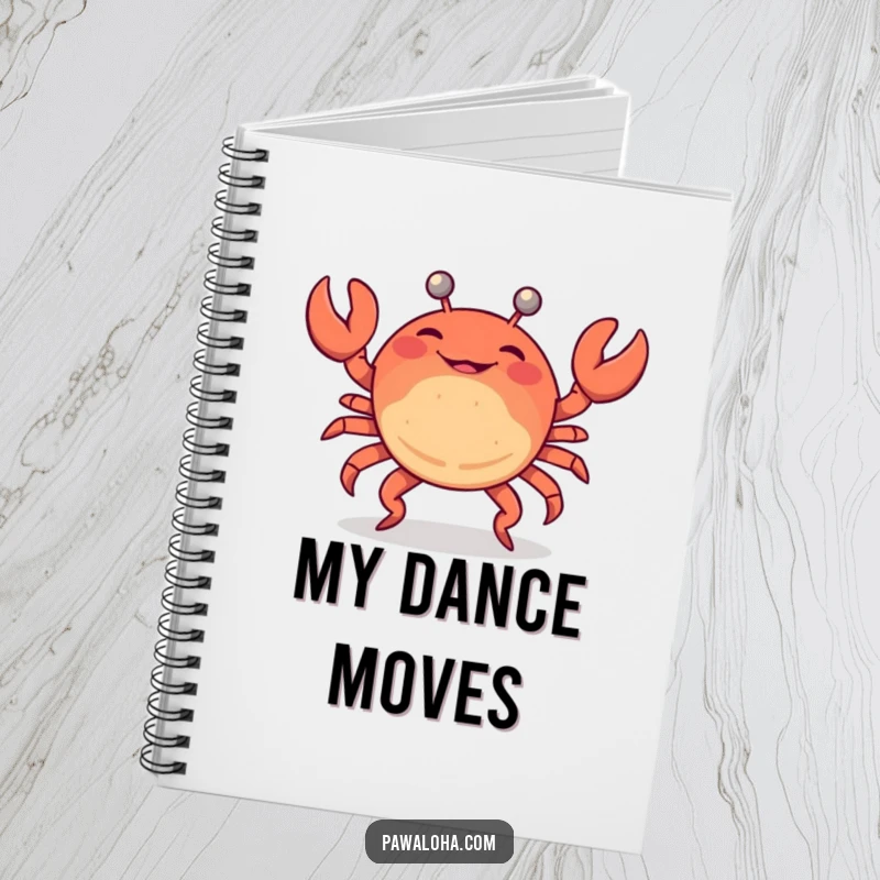 Funny notebook featuring a crab doing a limbo dance, ideal for writing down party plans and creative ideas.