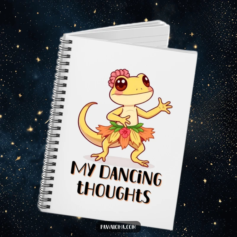 Funny Kawaii gecko character wearing a hula skirt, dancing gracefully, printed on the cover of a delightful notebook.