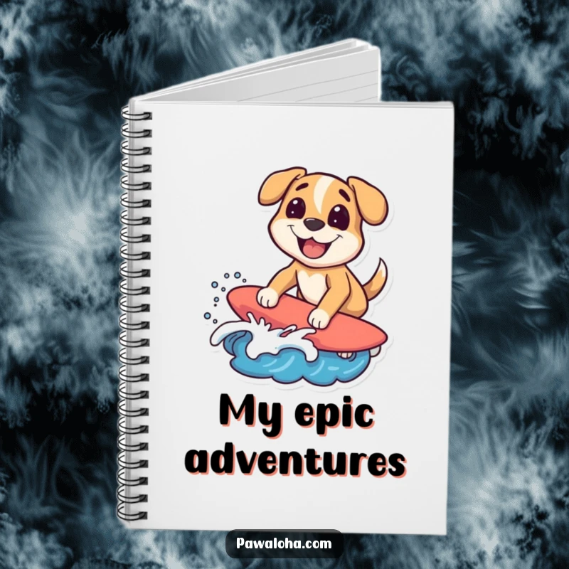 Funny surfing dog notebook with a character riding a wave with a big grin, perfect for humorously capturing ideas. Ideal gift.