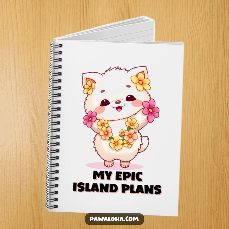 Funny fluffy animal wearing a flower lei, dancing happily on a notebook cover. Inspires creativity and joyful note-taking.