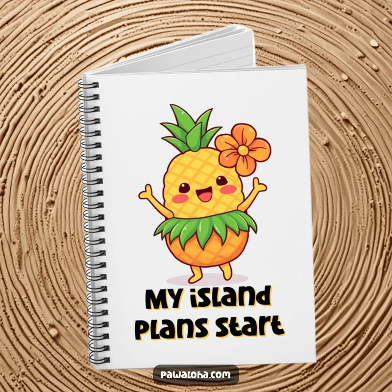Funny pineapple character dancing with grass skirt and flower, featured on a fun notebook cover.