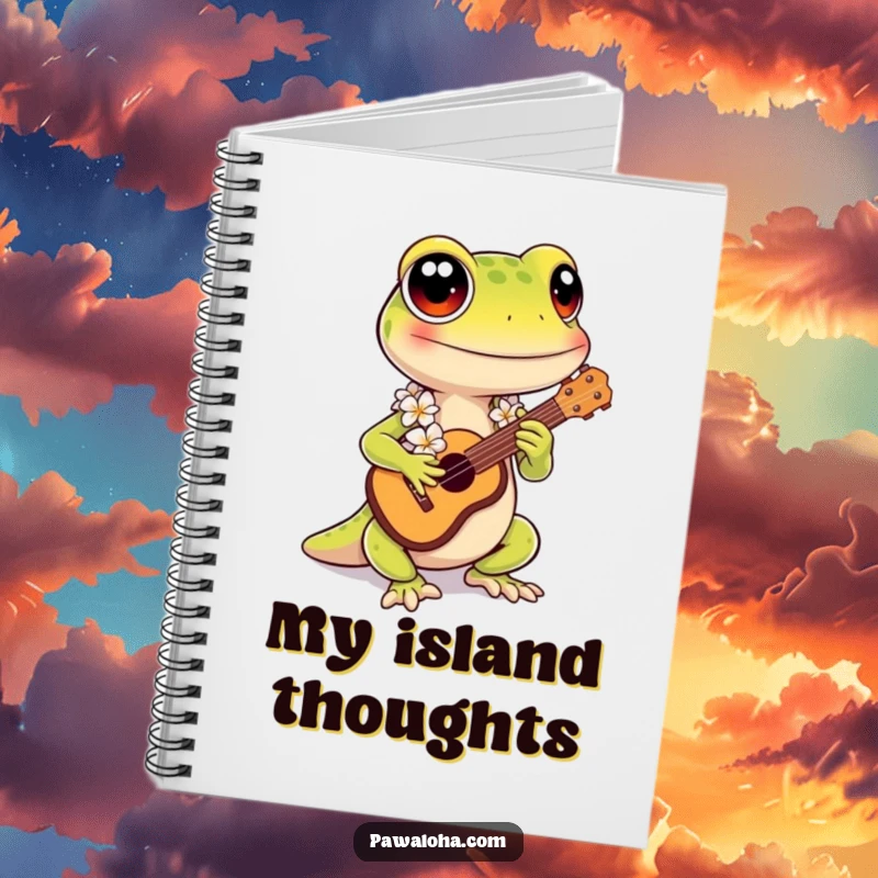 Funny Kawaii Gecko Notebook: Cute gecko with lei playing ukulele, a funny journal for jotting down notes with tropical vibes.