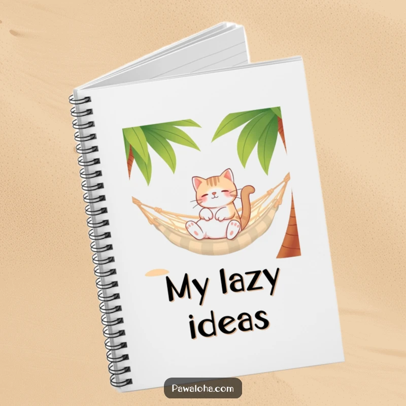 Funny Cat Hammock Notebook with a cover featuring a relaxed cat character in a hammock between palm trees. Great for notes.