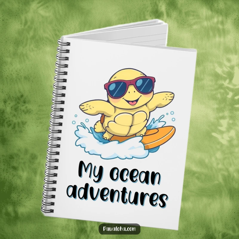 Funny notebook page showing a happy sea turtle wearing sunglasses, surfing a gentle wave, perfect for capturing cool thoughts and inspiration.