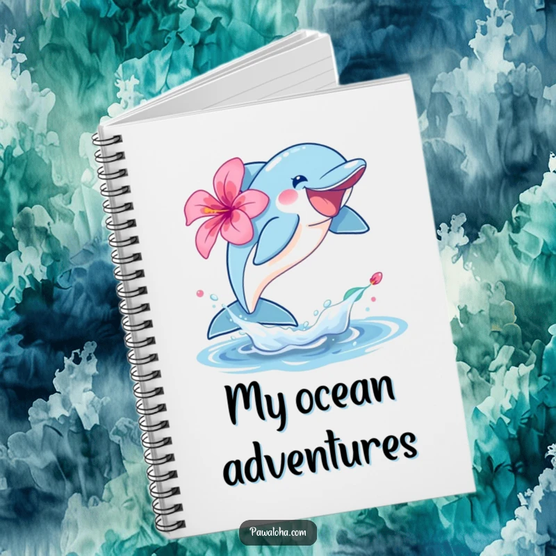 Funny dolphin character notebook leaping joyfully out of the water with a hibiscus, perfect for note-taking.