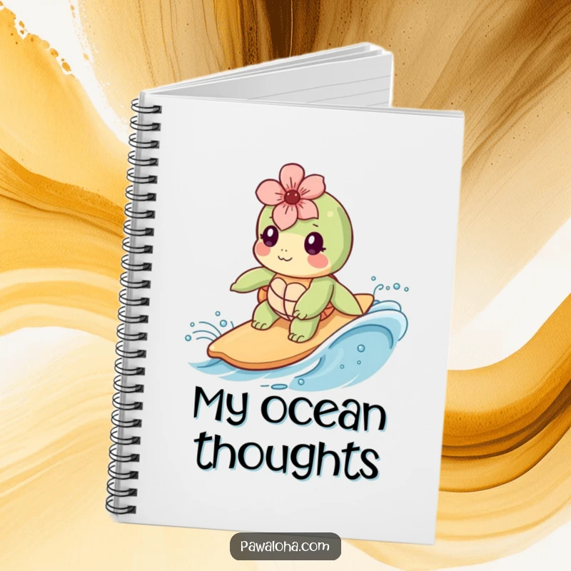 Funny Kawaii sea turtle character wearing a flower, surfing a wave, printed on the cover of a delightful notebook.