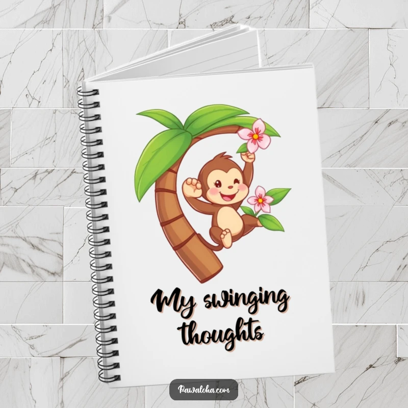 Funny notebook with a playful monkey swinging from a palm tree holding a flower, inspiring jungle adventures and creative writing.