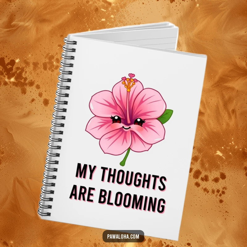 Funny hibiscus flower notebook with a character's sweet, friendly smile, perfect for journaling, note-taking, or creative writing.