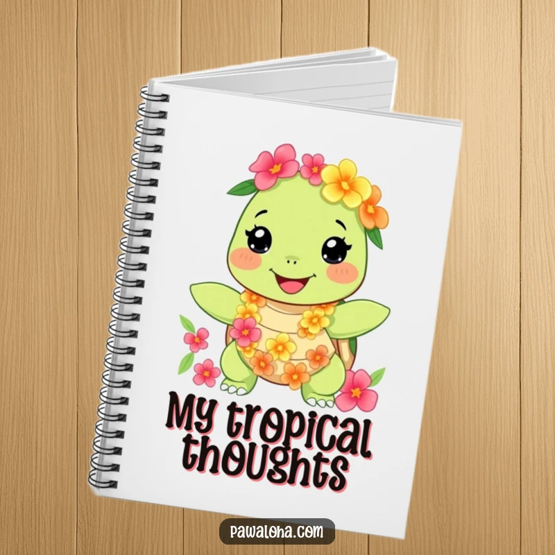 Funny turtle notebook with a happy character wearing a floral lei and necklace, perfect for humorously capturing ideas. Ideal gift.