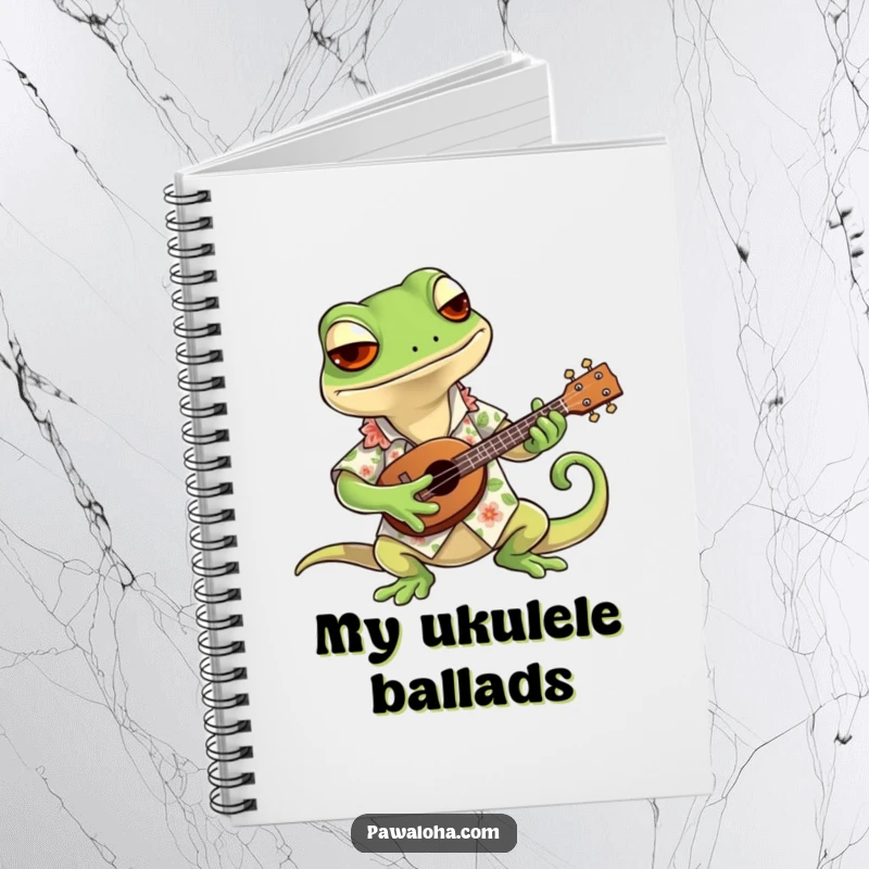 Funny notebook with a cool gecko wearing a Hawaiian shirt, strumming a tiny ukulele, perfect for capturing notes with a humorous tropical flair.