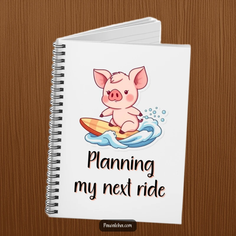 Funny piglet character ready to surf a gentle wave, featured on this humorous and inspiring notebook cover.