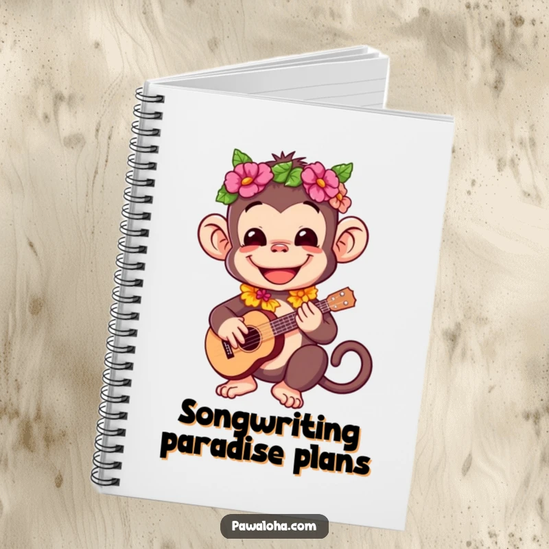 Funny notebook cover: a happy monkey in a lei playing a ukulele, for jotting ideas.