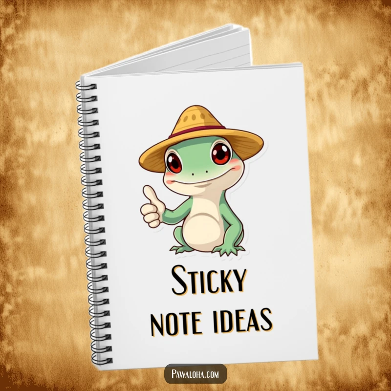Funny gecko notebook with a smiling character wearing a tiny straw hat and giving a thumbs up, ideal for journaling.