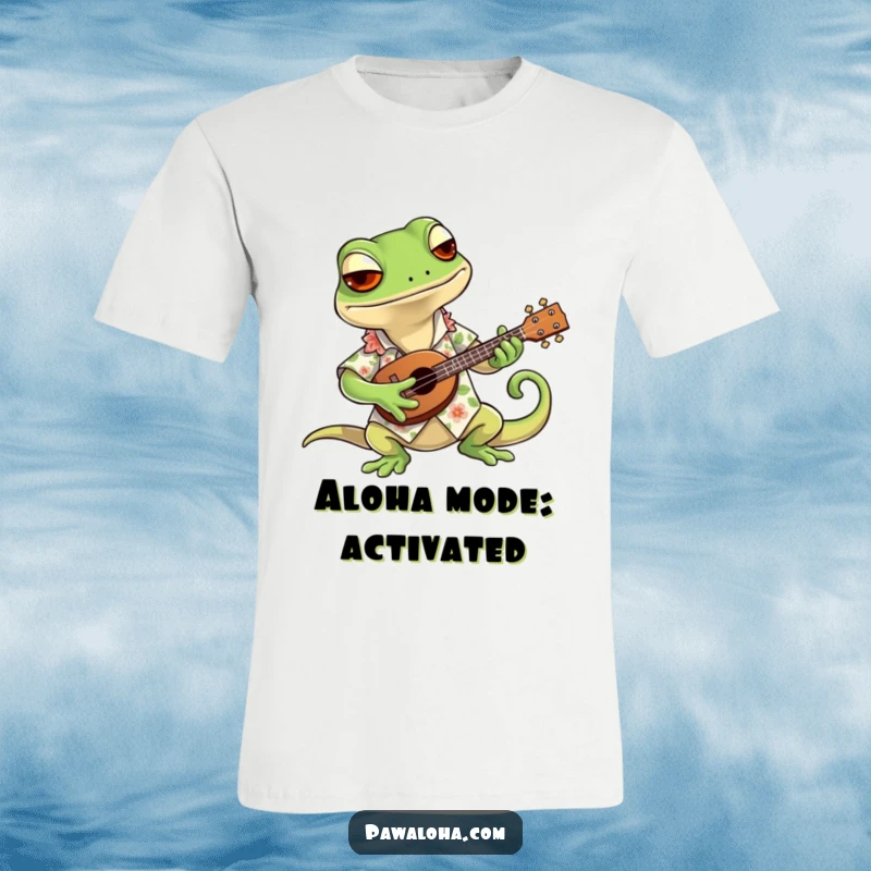 Funny t-shirt showcasing a cool gecko in a vibrant Hawaiian shirt, skillfully strumming a miniature ukulele with a relaxed attitude.