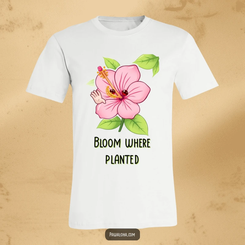 Funny hibiscus flower t-shirt with a cute character adorably waving hello with its petals, perfect for beach days or casual wear.