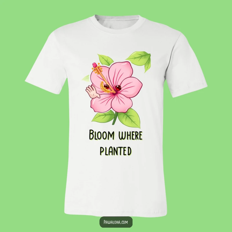 Funny Hibiscus Flower T-Shirt: Adorable Waving Character Tee for Summer Fun