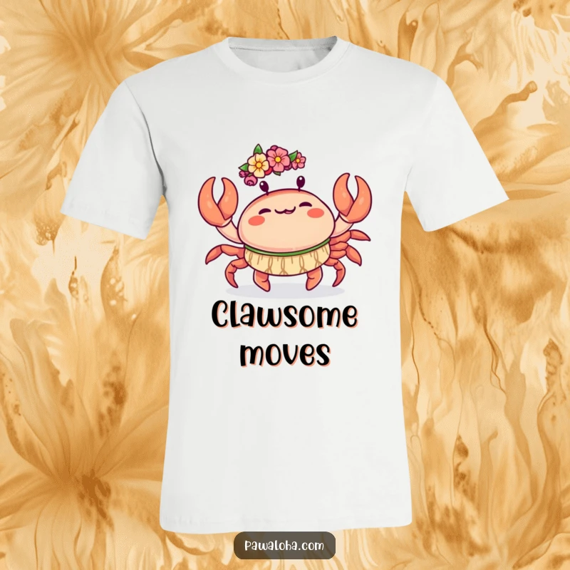 Funny Kawaii Crab T-Shirt: Cute crab doing a joyful hula dance with its claws, a funny beach party design.