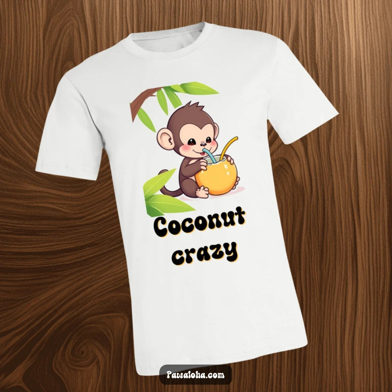 Funny Kawaii Monkey T-Shirt: Cute monkey sipping from a coconut with a straw, a funny tropical vacation design.