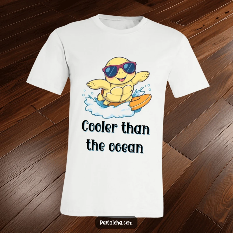Funny t-shirt showcasing a happy sea turtle with sunglasses, smoothly surfing a gentle wave, embodying cool and carefree beach style.