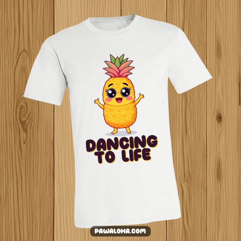 Funny pineapple t-shirt with googly eyes, joyfully performing a samba dance, vibrant and full of fruity energy.