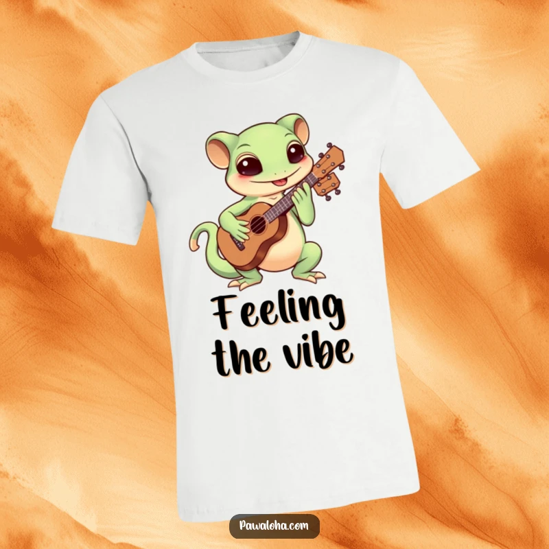 Funny Kawaii gecko playing the ukulele with gusto on a t-shirt, perfect for music enthusiasts.