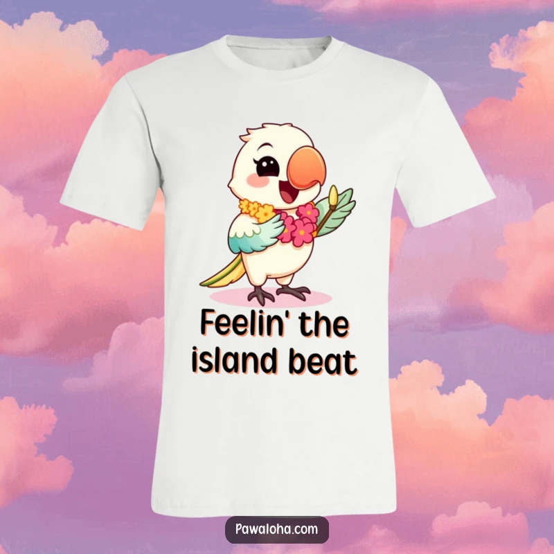 Funny T-Shirt with a happy kawaii parrot character adorned with a lei, enthusiastically dancing the hula, embodying tropical celebration.