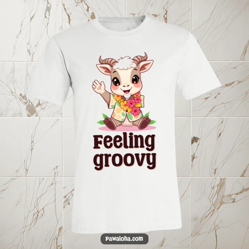 Funny t-shirt graphic of a goat in an Aloha shirt and lei, raising a glass to cheer.