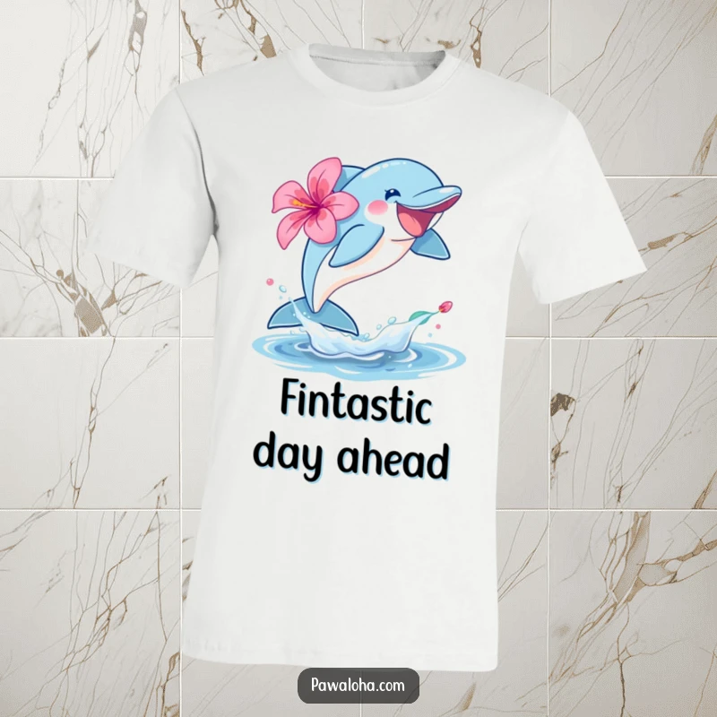 Funny dolphin character t-shirt leaping joyfully out of the water with a hibiscus, capturing vibrant ocean energy.