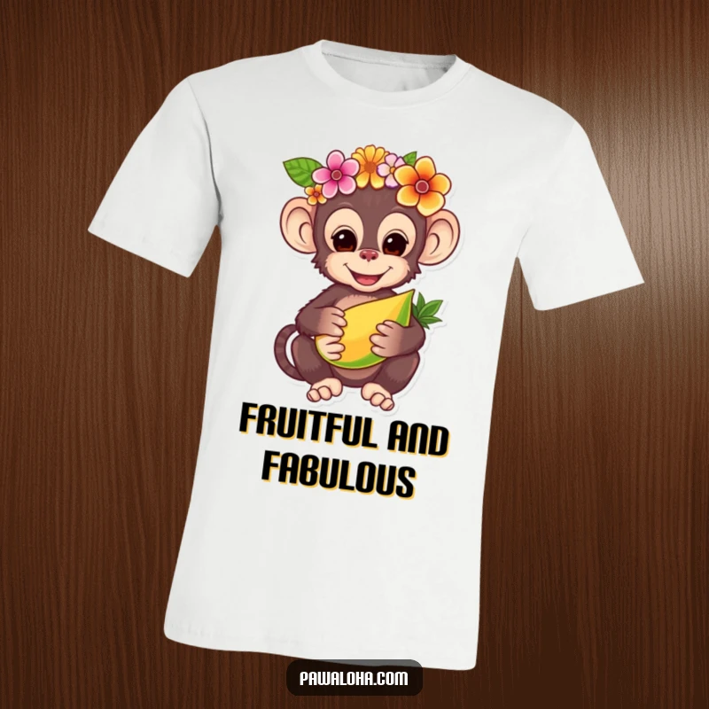 Funny t-shirt with a charming monkey wearing a flower crown, holding out a tropical fruit with a sweet and playful demeanor.