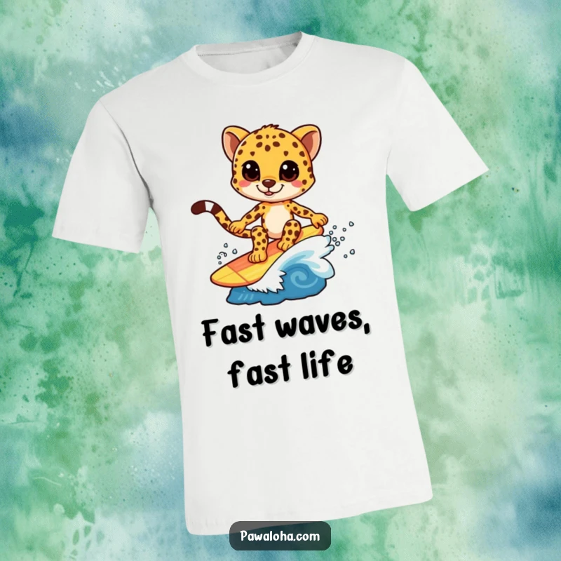 Funny t-shirt featuring a cheetah character smoothly surfing on a vibrant, small wave, looking effortlessly cool and fast.