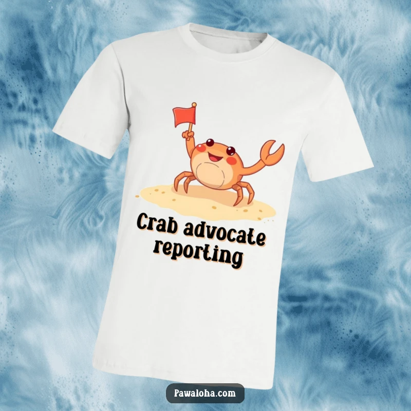 Funny crab t-shirt featuring a happy crab waving a small flag on a sandy shore, embodying beach fun and cheerful greetings.